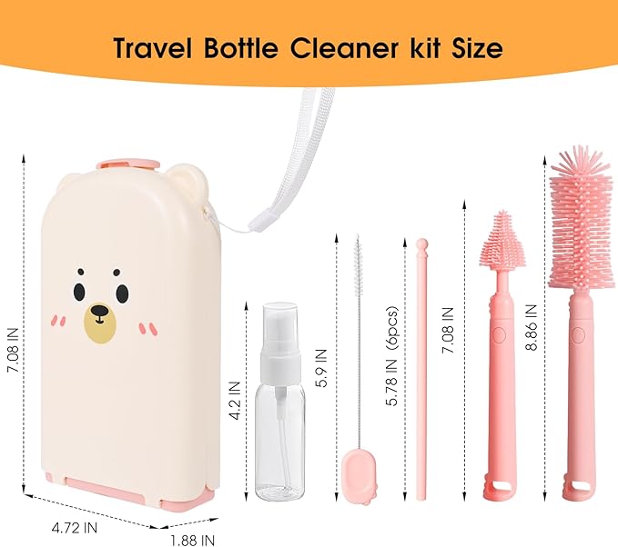 Portable 7-in-1 Baby Bottle Brush Set, Travel Cleaner Kit for Travel and Home, All-in-One Travel Baby Bottle Washing Kit: Integrated Cleaning & Drying System for Bottles and Breast Pump Parts (Pink)