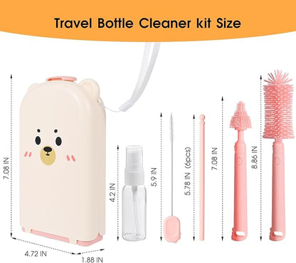Portable 7-in-1 Baby Bottle Brush Set, Travel Cleaner Kit for Travel and Home, All-in-One Travel Baby Bottle Washing Kit: Integrated Cleaning & Drying System for Bottles and Breast Pump Parts (Pink)