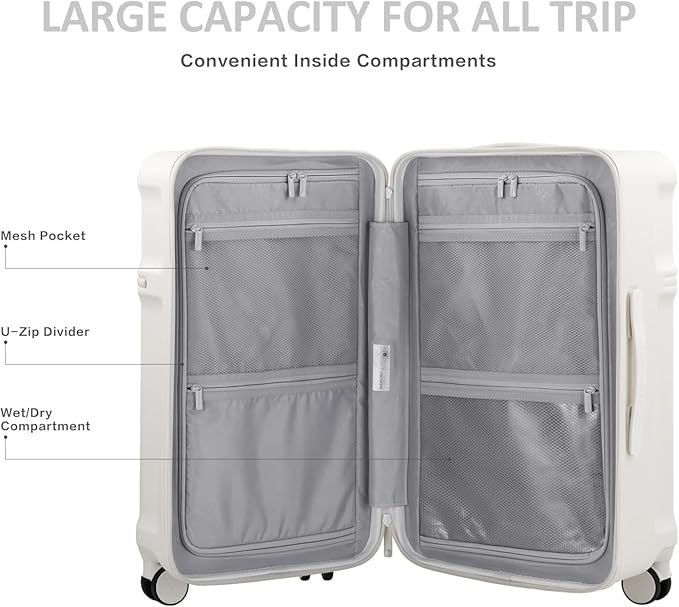 20 Inch Hardside Carry-On Luggage with Spinner Wheels, TSA Lock, Double Zippers, Thick PC Shell, Lightweight Travel Suitcase for Business, Weekend, and International Trips(White)