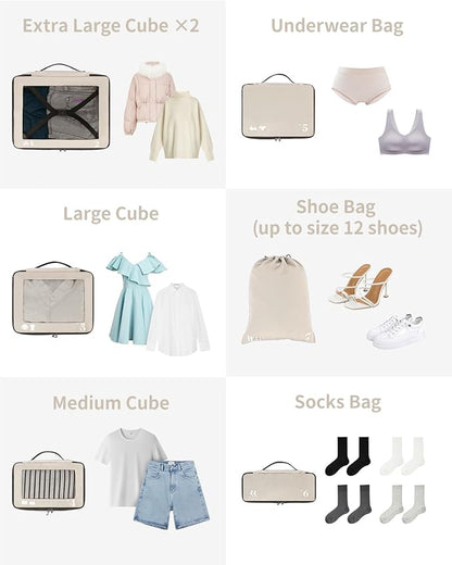 ECOHUB 7 Set Packing Cubes Tear-Resistant Luggage Packing Organizers with Number Icon for Travel Accessories Luggage Suitcase Machine Washable Packing Cubes (Beige)
