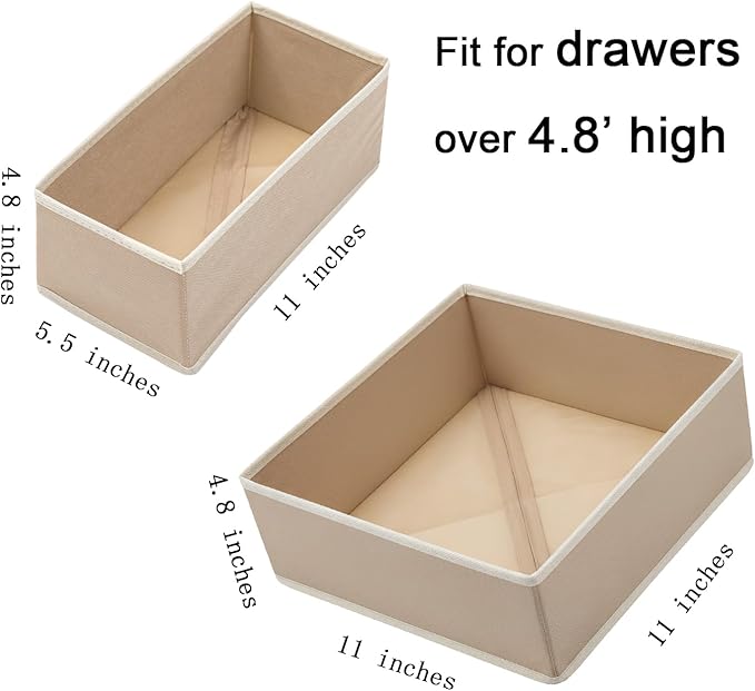 Drawer Organizer Set of 4 Khaki - Fabric Storage Bins for Clothes, Underwear, Socks & Bras - 11" Dresser Dividers for Bedroom Closet