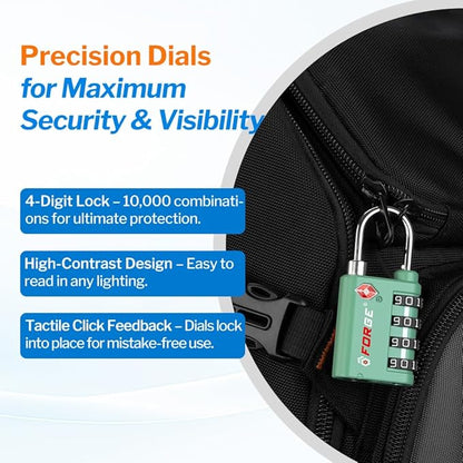 Forge Dual-Opening: Key or Combination Lock, TSA Approved Lock for Luggage, Pelican case, Travel, Gym, School, Luggage Combination Lock, Travel Bag Lock (Green 4 Pk)