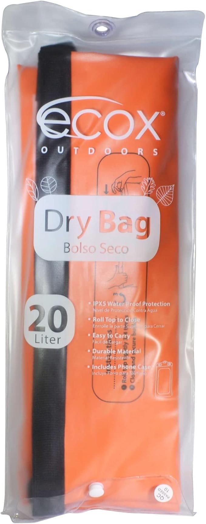 ecox Outdoors Waterproof Dry Bag for Outdoors Activities High Grade 500D PVC Construction Includes Waterproof Phone Case and Side Strap for Easy Carry 10L and 20L Models