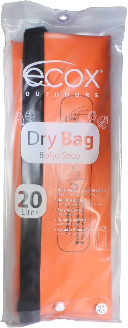 ecox Outdoors Waterproof Dry Bag for Outdoors Activities High Grade 500D PVC Construction Includes Waterproof Phone Case and Side Strap for Easy Carry 10L and 20L Models
