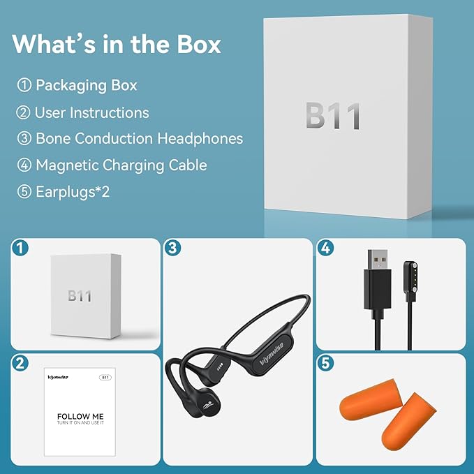 B11 Bone Conduction Headphones, IP68 Waterproof Earbuds for Swimming, 32GB & Bluetooth 6.0 Wireless Underwater Open Ear Headphones with Mic for Sport