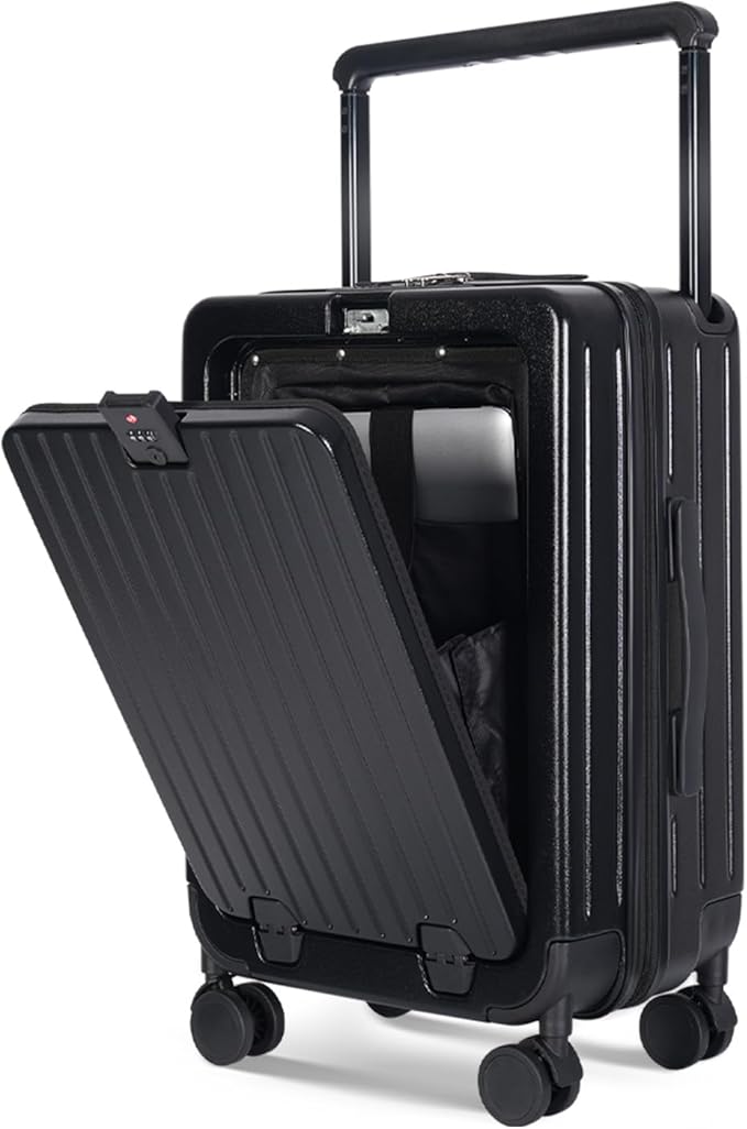 SOKOK Front Pocket Luggage with Spinner Wheels, 24'' Wide Handle Travel Suitcase PC Hardshell Multifunctional Luggage with Charging Port and Cup Holder, Black
