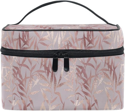 Makeup Bag, Rose Gold Leaves Travel Makeup Organizer Bag Cosmetic Cases Toiletry Bags for Girl Women Ladies