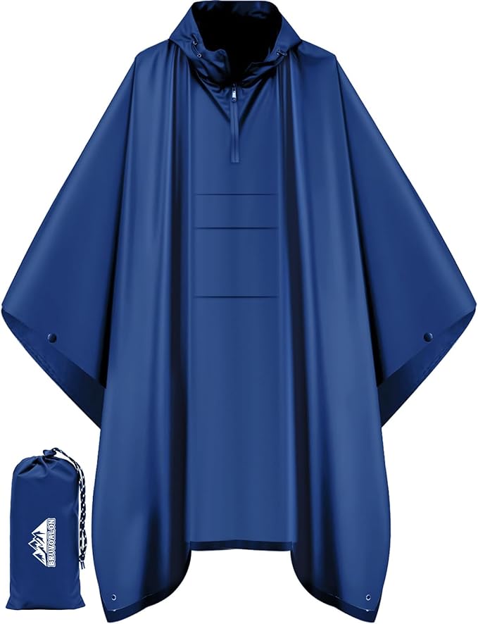 Bruvoalon 3-in-1 Rain Poncho with 1/4 Zip & Chest Pocket, Waterproof, Sunshade, Ground Mat for Adults & Youth Emergency