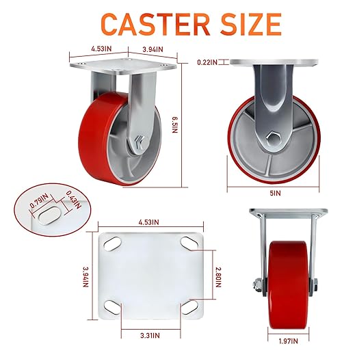 5 Inch Heavy Duty Caster Wheels Set of 4 Industrial Casters with Brake,Load 4000Lbs,Polyurethane Silent Steel Wheels,for Heavy Duty Die,Industrial Equipment Movement,U-Boat Cart(2Brake&2Rigid)