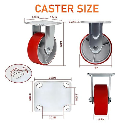 5 Inch Heavy Duty Caster Wheels Set of 4 Industrial Casters with Brake,Load 4000Lbs,Polyurethane Silent Steel Wheels,for Heavy Duty Die,Industrial Equipment Movement,U-Boat Cart(2Brake&2Rigid)