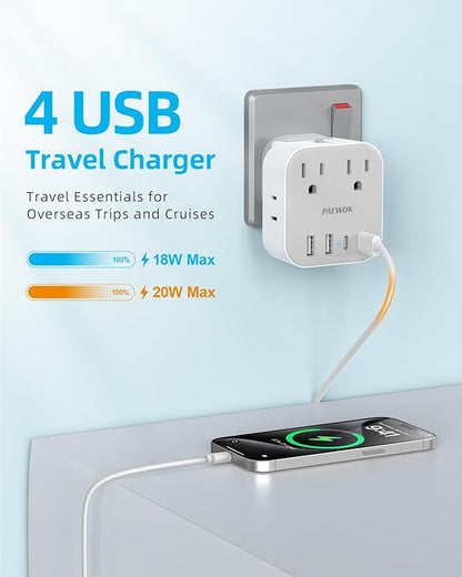 European Travel Plug Adapter Set, 8-in-1 Travel Adapter with 4 Outlets, 4 USB Ports (2 USB C), US to UK/EU/South Africa, International Power Adapter with Type C/G/D/M Detachable Plugs