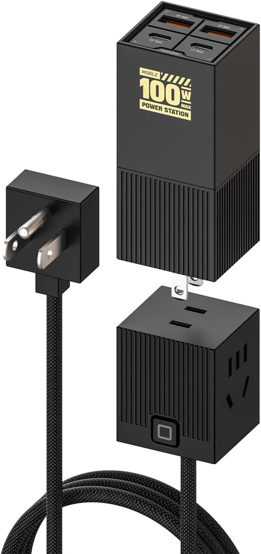 MFish 100W USB C Charger, Foldable Fast Laptop GaN Charger, 4-Port USB C Wall Charger Power Adapter Ports for MacBook Pro 17, 16'', Dell XPS, iPhone 17/16/15 Pro Max, 6-in-1 Power Strip