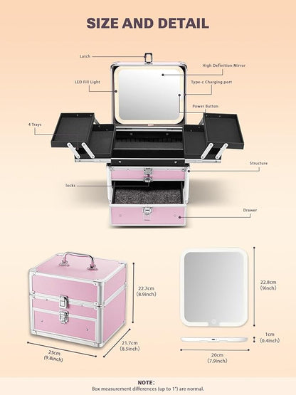 Qislee Makeup Box with Drawer and Four Trays, A Detachable Lighted Mirror, Waterproof Travel Train Case, Cosmetic Organizer and Makeup Suitcase with Magnetic LED Mirror(ICY Pink)