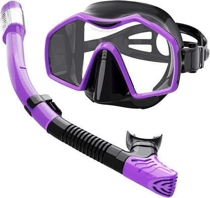 Snorkeling Gear for Adults,Dry-Top Snorkel Mask Set with Tempered Glass,Anti-Fog & Anti-Leak Panoramic Swim Mask,Adjustable Snorkel Kit with Carry Bag for Scuba Diving,Swimming,Travel