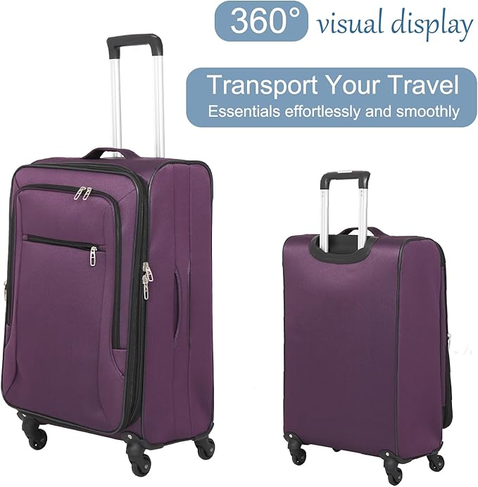 3pcs Set Softside Luggage Sets With Spinner Wheels, Expandable Softshell Suitcase Set with front pocket, 28inch, 24inch, 20inch Lightweight fabric luggage (PURPLE)