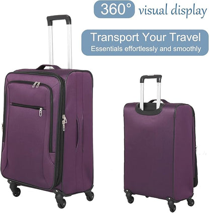 3pcs Set Softside Luggage Sets With Spinner Wheels, Expandable Softshell Suitcase Set with front pocket, 28inch, 24inch, 20inch Lightweight fabric luggage (PURPLE)