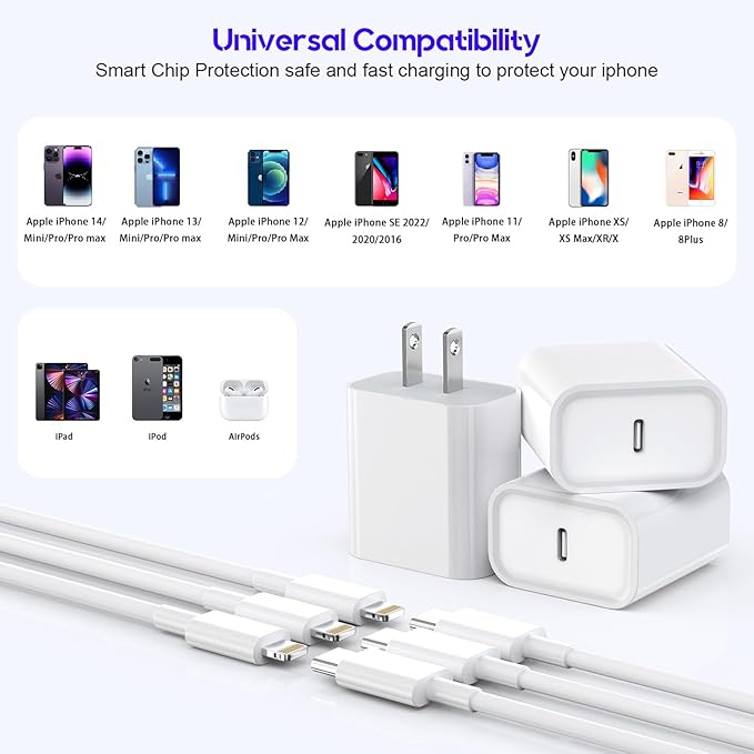 10Foot Fast iPhone Charging Cable,3-Pack Super Fast i Phone Charger USB C Charging Block Wall Charger PD Adapter with 10FT Type C to Lightning Cable Cord for iPhone 14/13/12/11ProMax/XS Max/XS/XR/8/SE