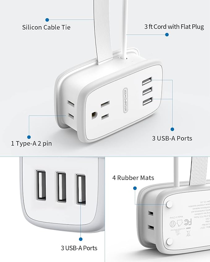 Travel Power Strip with USB Ports, NTONPOWER 2 Widely Outlets 3 USB with 3FT Short Extension Cord Flat Plug, Mini Power Strip Flat Plug, Portable Small Size for Travel Cruise Essentials, White