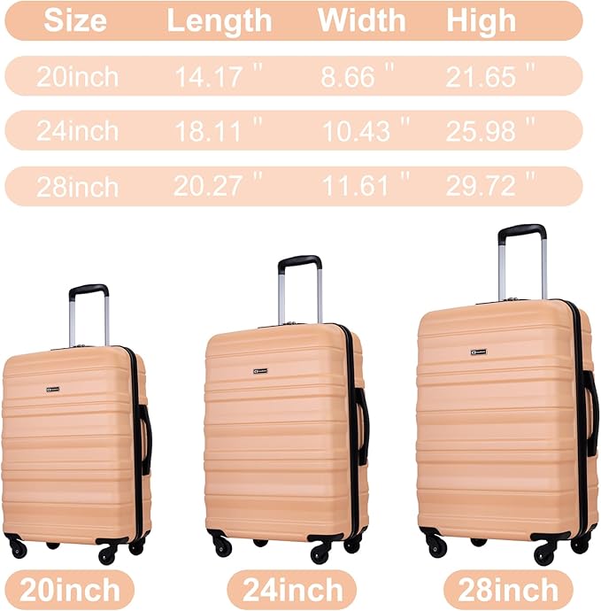 3 Piece Luggage Sets, PC Lightweight Expandable Suitcase with Two Hooks, Spinner Wheels, TSA Lock, (20/24/28) (Champagne)