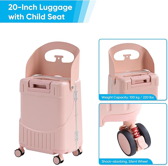 20'' Luggage with Child Seat, Ride On Suitcase with Shockproof Silent Spinner Wheels, TSA Lock, Carry On Luggage with Foldable Backrest, Bag Hook for Kids.