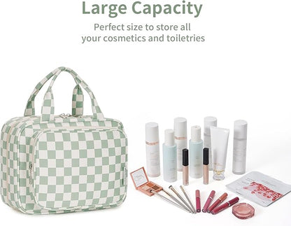 Narwey Hanging Toiletry Bag for Women Travel Checkered Makeup Bag Organizer Toiletries Bag for Travel Size Essentials Accessories Cosmetics (Mint Green Checkerboard (Medium))