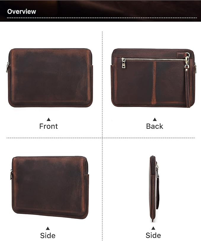 Top Grain Leather 13.3" Slim Laptop Sleeve Case Bag, Vintage Design with 2 Zip Pocket, Handmade, Compatible with MacBook Pro 13.3" MacBook Air 2022 DELL XPS 13" & Other PC, Coffee 13.3 Inch