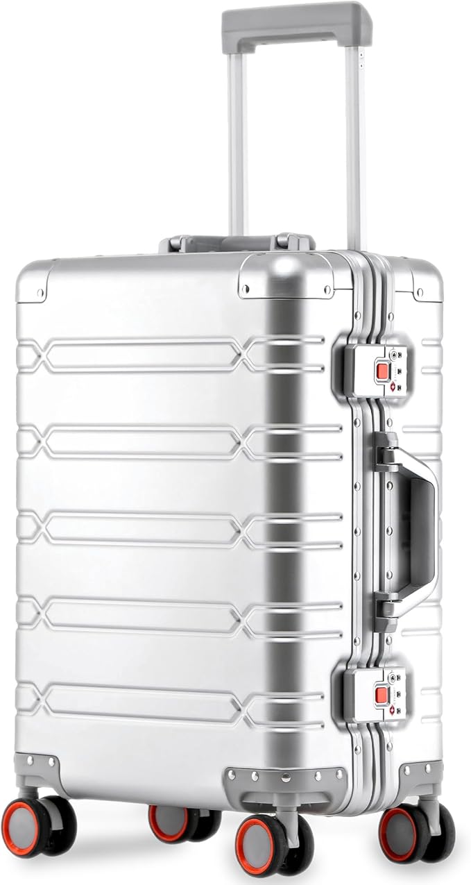 All Aluminum 24 Inch Check In Luggage Hard Shell Suitcases with Spinner Wheels and TSA Lock, Checked Medium Suitcase (Silvery)