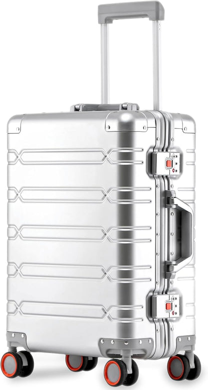 All Aluminum 24 Inch Check In Luggage Hard Shell Suitcases with Spinner Wheels and TSA Lock, Checked Medium Suitcase (Silvery)
