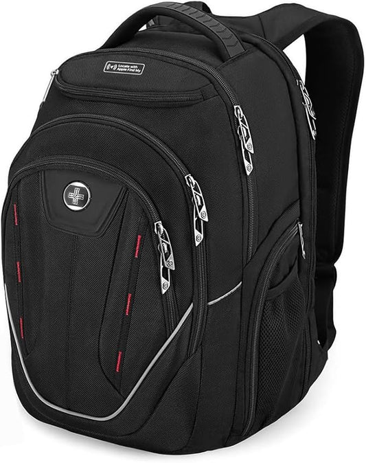 Swissdigital Design TSA Laptop Backpack Men's USB Charging Port Large Capacity Business Travel Backpack Black| With Apple Find My Network Black/Red | J16BTFB-41