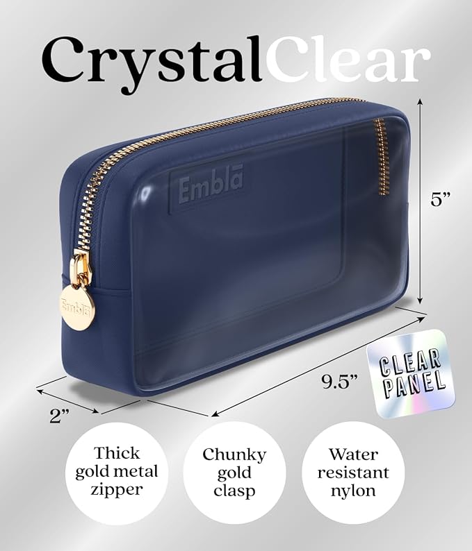 Embla London Makeup Bag Cosmetic Case, Clear Zipper Make Up Pouch and Toiletry Travel Tote, Cute Skincare Pouches for Women Girls, Preppy Purse Cosmetic Organizer, Small Makeup Bags, Sapphire