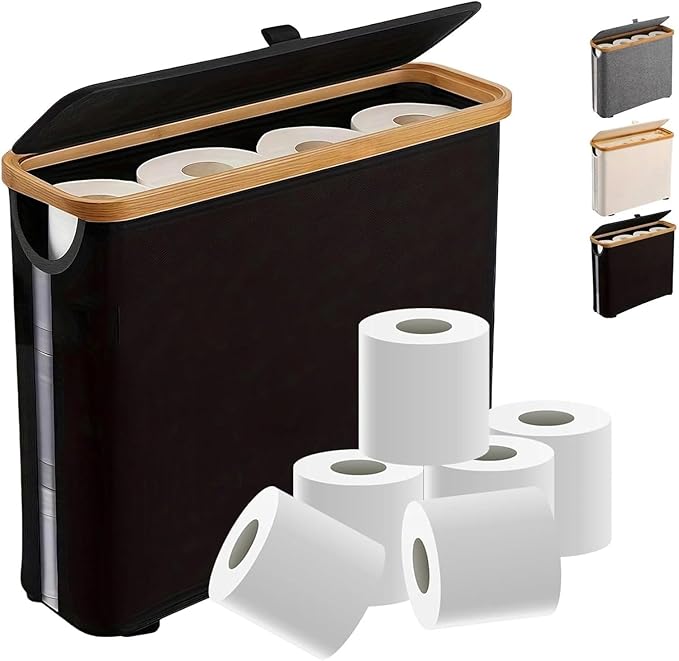 Toilet Paper Roll Storage, Bathroom Slim Toilet Paper Storage with Lid for 12 Rolls, Ultimate Bathroom Organizer with Anti-Slip Base, Black 30L