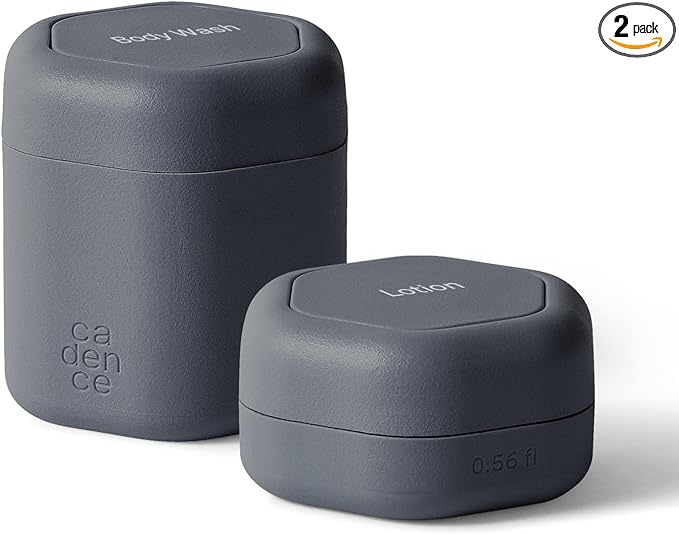 Cadence Travel Containers - 2 Piece Body Care Capsule Set - Magnetic Containers w/ Lids - Carry On Travel Essentials for Women/Men - 1 Small & 1 Medium Capsule - Body Wash & Lotion Labels - Charcoal