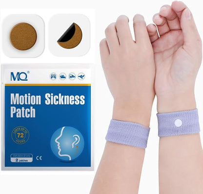 MQ 28 ct Motion Sickness Patches Non Drowsy Sea Sickness Patch for Cruise Travel Essentials, Waterproof Car Sick Patches Behind Ear Fast Acting & Long Last 72H, 2 Pairs of Wristbands as a Bonus