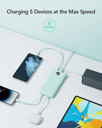 VRURC Portable Phone Charger, Portable Charger USB C 10000mAh, 5 Outputs 2 Inputs Travel Battery Power Bank Built-in Cables Cords for iPhone 17 Pro 17 16 15 14 13,Samsung,Android-Green(1 Pack)