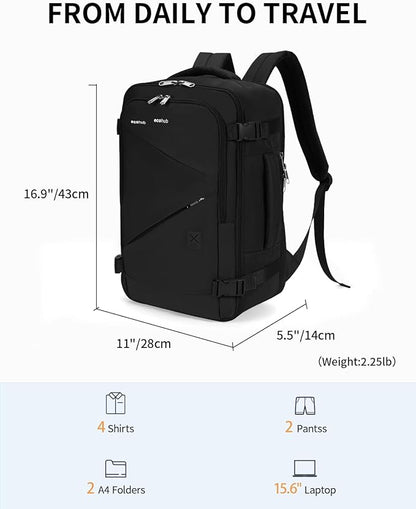 ECOHUB 17" Small Unisex Travel Backpack United Airline Approved 17x10x9 Friendly Suitcase Anti-Theft Lockable Zippers Style Personal Item Bag Travel Essentials with 12 Pockets Water Resistant, Black