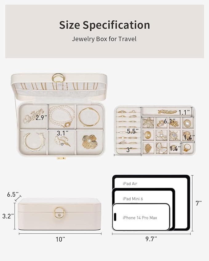 Vlando Jewelry Box Organizer for Women Girls, 2 Layer Jewelry Case with Lock,Jewelry Storage Earrings Necklace,Rings,Gift for Teachers Wedding Birthday Gifts-Cream White