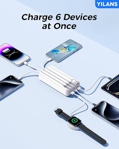 Portable Charger,50000mAh Power Bank Built-in Cable, 22.5W PD USB C In & Out Fast Charging, External Battery Pack with 6 Output & 2 Input, Travel Phone Charger for iPhone 17/16/15/14/13/12(White)