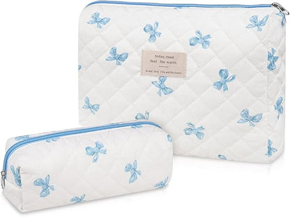 2PC Makeup Bag Set, Cute Cosmetic Bag for Women Girls, Floral Coquette Aesthetic Toiletry Bag, Travel Make Up Organizer Bag (White Blue Butterfly Flower)