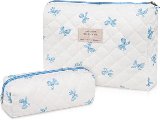 2PC Makeup Bag Set, Cute Cosmetic Bag for Women Girls, Floral Coquette Aesthetic Toiletry Bag, Travel Make Up Organizer Bag (White Blue Butterfly Flower)