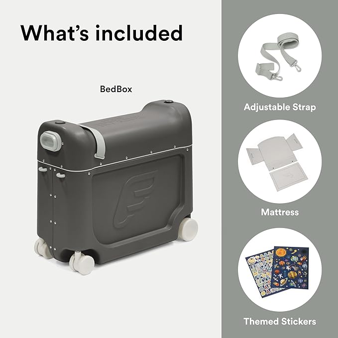 Stokke JetKids BedBox, Midnight Grey - Ride-On Suitcase for Kids 2-7 Years Old (up to 77 lbs) - Transforms Into Bed - Includes Mattress, Decorative Stickers & Adjustable Carrying Strap