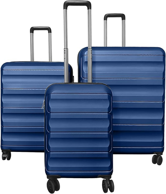 GYMAX Luggage Sets 3 Pieces Hardside Suitcase with Spinner Wheels & Lock, 20” Carry On, 24” & 28” Checked Luggage Set, Lightweight Portable for Travel, Business (Navy,Wide Stripe)