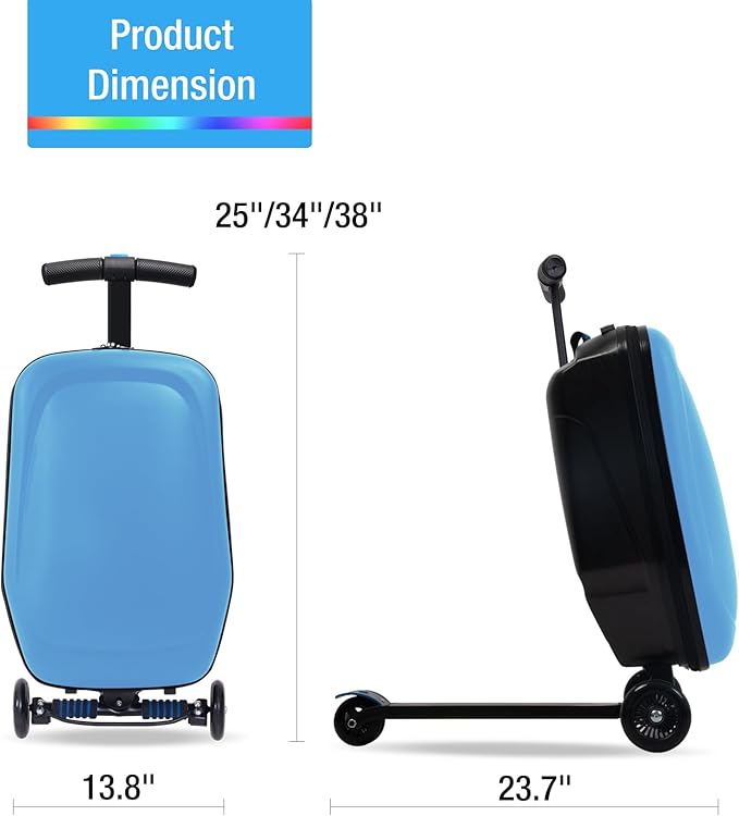 Apelila 20" Scooter Suitcase for Kids, 2-in-1 Ride On Luggage with Wheels for Boys & Girls Ages 4-15, Foldable Hardshell Carry On Lightweight Travel Suitcase for Airplane (Light Blue W/LED)