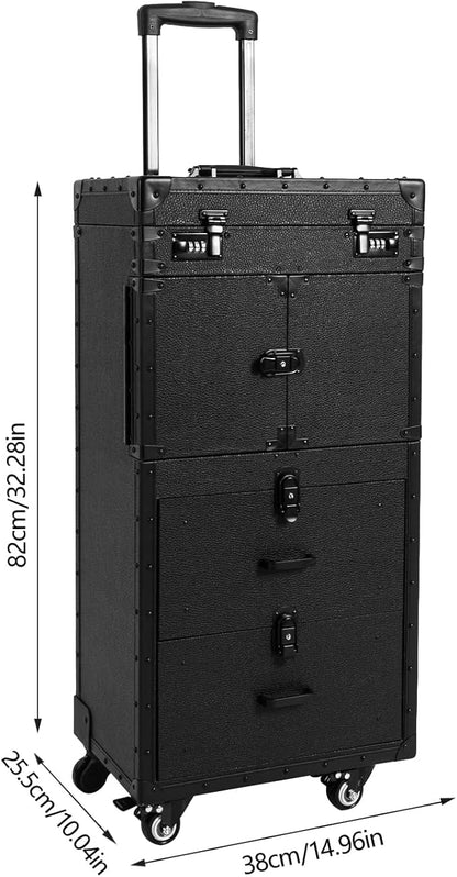 Beauty Rolling Makeup Train Case, Professional Lockable Rolling Salon Luggage, Retro-Rolling Cart Storage Organizer Trolley Make Up Case, 4 Universal Wheels, Retractable Rod, Buckle (All Black1)