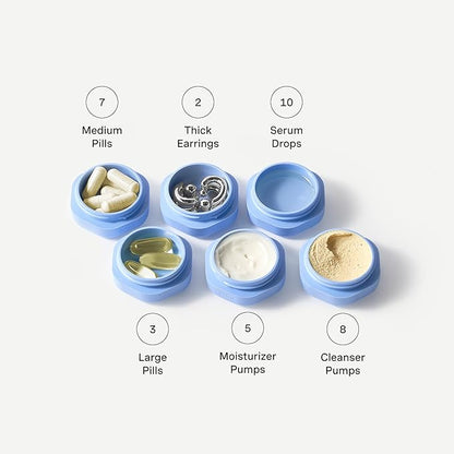 Cadence Travel Containers Basic Skincare Set - Magnetic Containers with Lids,Carry On Travel Essentials For Women/Men - 3 Small Capsules (0.56oz) - Cleanser, Moisturizer & Sun-Icon Labels - Pacific