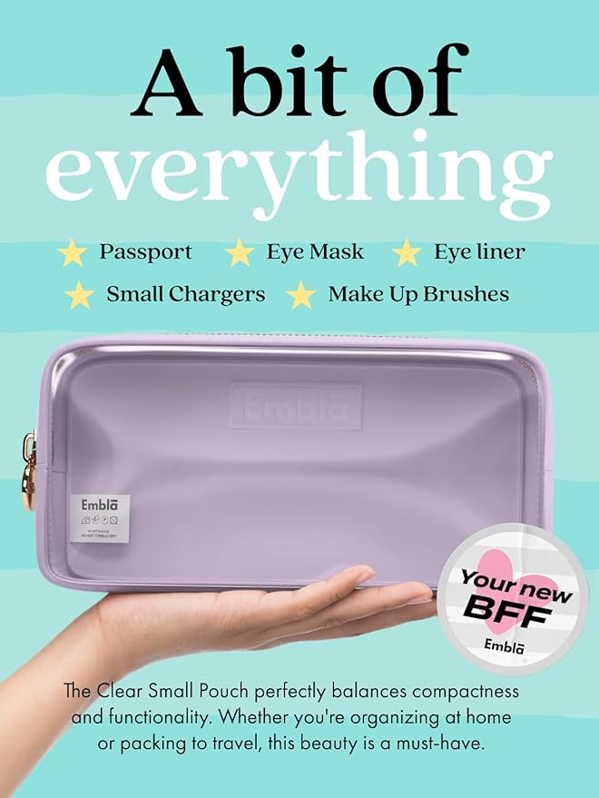 Embla London Makeup Bag Cosmetic Case, Clear Zipper Make Up Pouch and Toiletry Travel Tote, Cute Skincare Pouches for Women Girls, Preppy Purse Cosmetic Organizer, Small Makeup Bags, Lilac