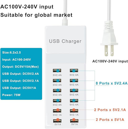 Multiple USB Charger Station Block 12 multiport Charger Station Hub with Fast Charging Wall Charger for Multiple Devices USB Charging Port Compatible with Cell iPhone Android Smartphone Smart Watch