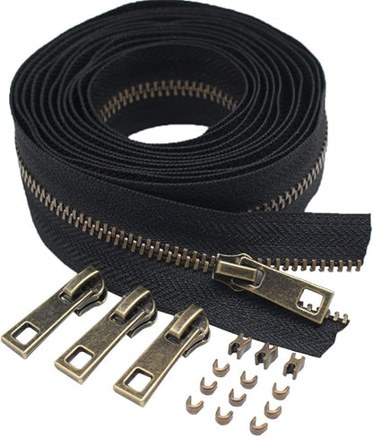 MebuZip #3 Upholstery Zipper by The Yard Black Long Tape Metal Zippers 2 Yards with 10pcs Antique Brass Zipper Pull for Sewing Tailor Crafts (Anti-Brass 2 Yards)