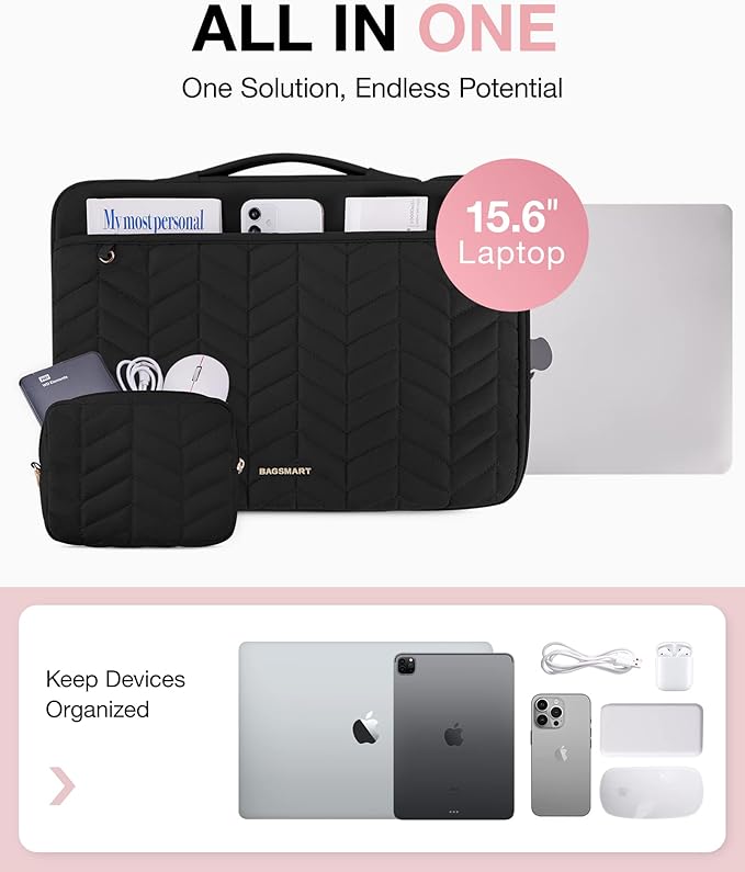 BAGSMART 15-15.6 Inch Laptop Case Sleeve for Women, Puffy Shockproof Laptop Bag with Accessories Pouch and Handle, Lightweight Computer Case Compatible with Dell, HP, MacBook Air/Pro, Rich Black