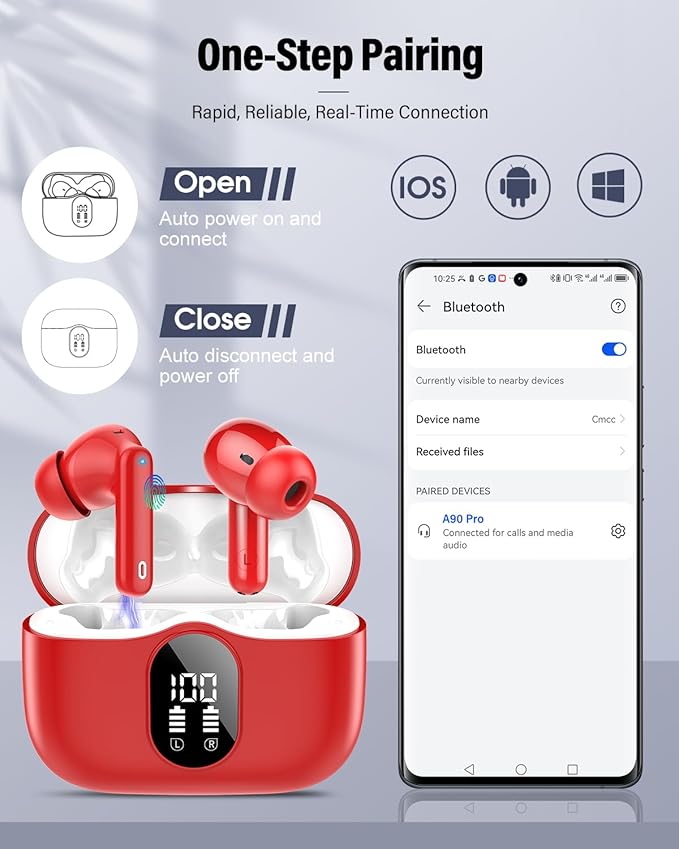 Wireless Earbuds, Bluetooth 5.4 Headphones Bass Stereo, Ear Buds with Noise Cancelling Mic, LED Display in Ear Earphones Clear Calls, IP7 Waterproof Bluetooth Earbuds for Laptop/Phones/Sports, Red