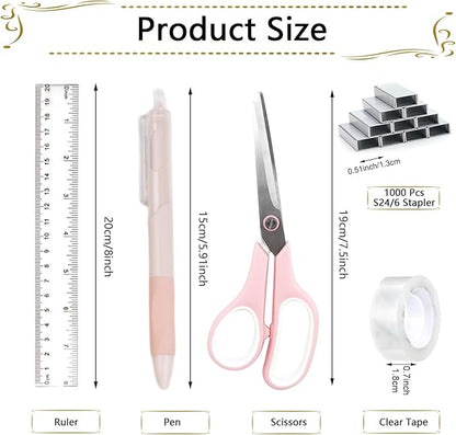 Office Supplies,Desk Accessories,Stapler and Tape Dispenser Set,1000 Staples,Staple Remover,Pen Holder,Folding Phone Holder,Journal Notebook,Ballpoint Pen,Scissor,Ruler,Clear Tape,Sticky Notes,Ect